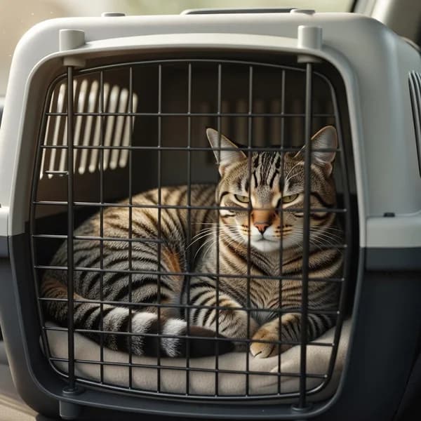 A cat resting calmly in a carrier secured on a vehicle seat