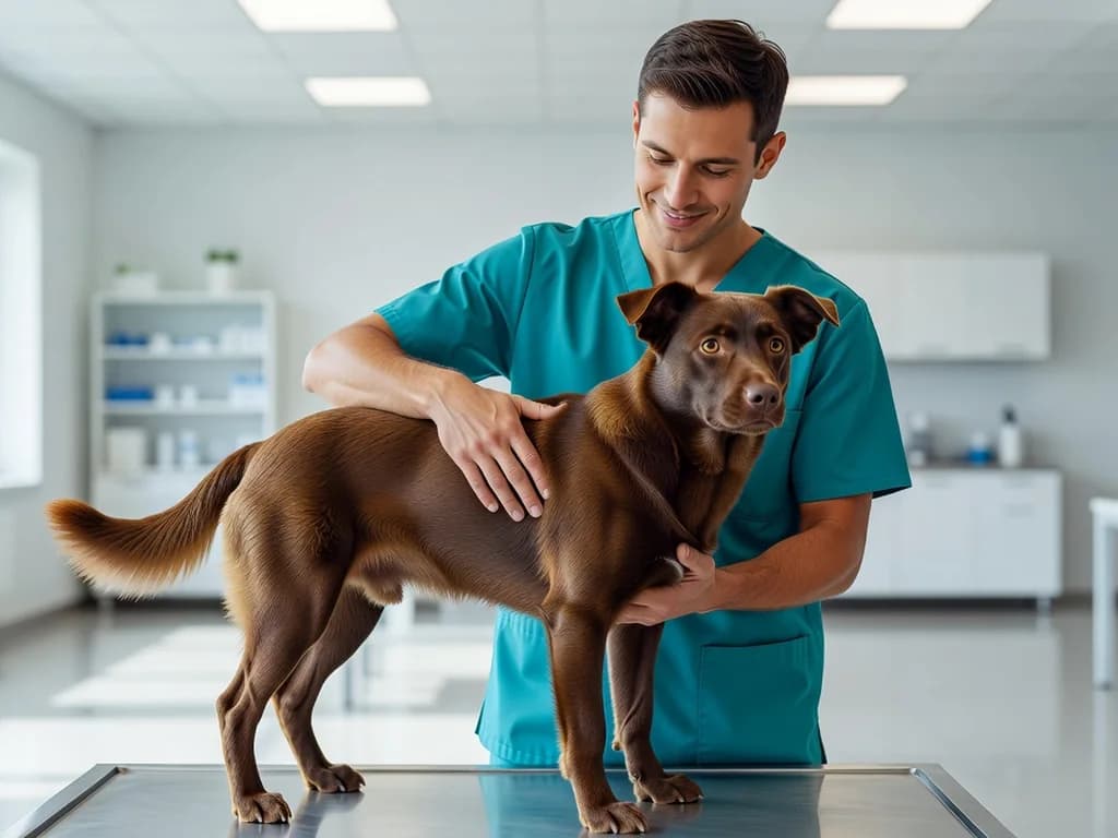 A veterinarian examining a brown dog on an exam table in a bright clinic